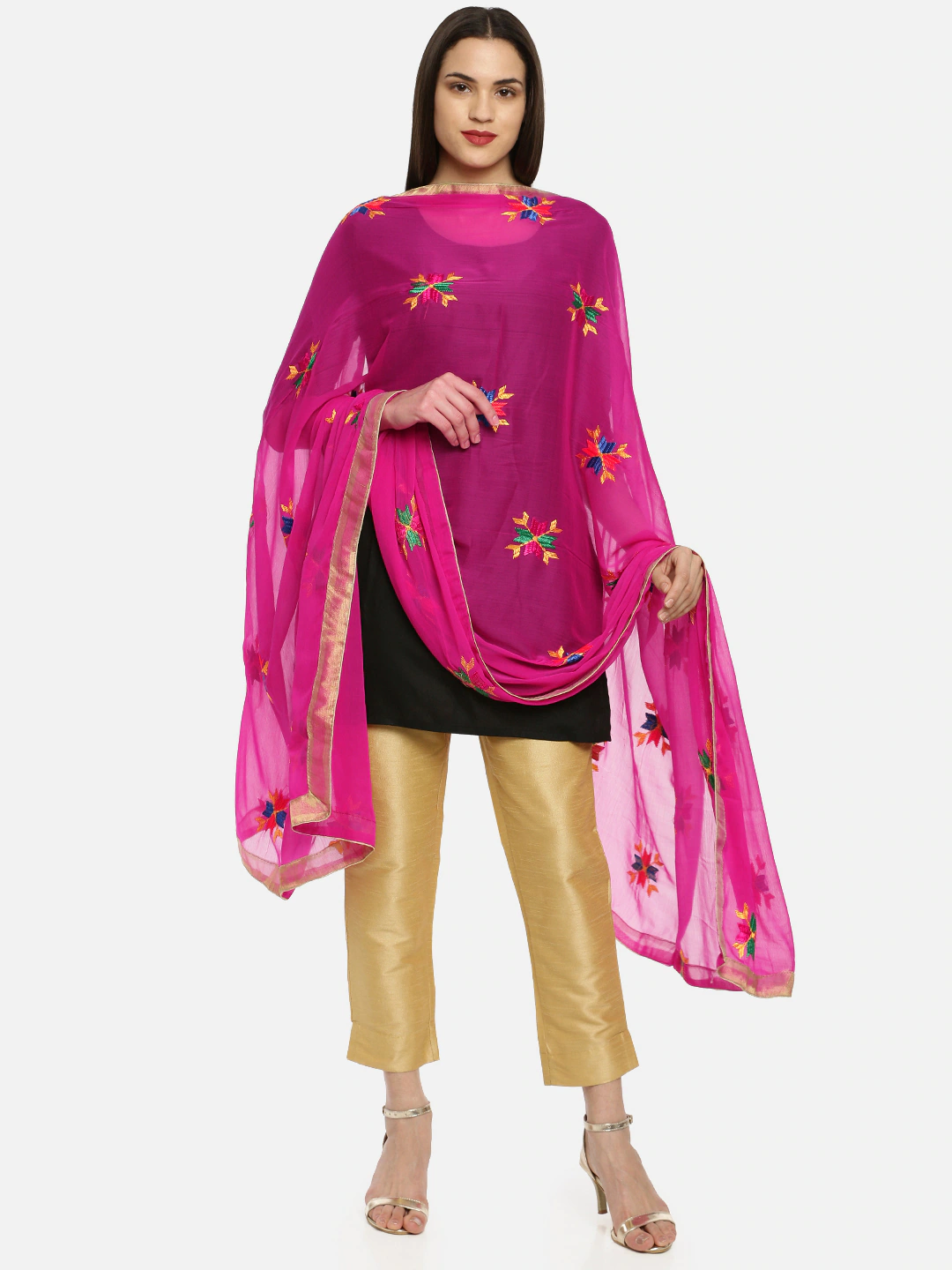 Traditional Simple Floral Butti Phulkari Dupatta - Various Colours