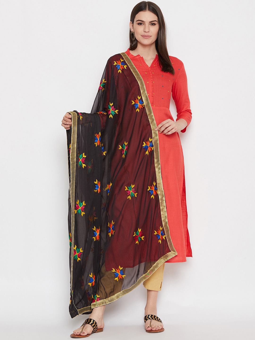 Traditional Simple Floral Butti Phulkari Dupatta - Various Colours