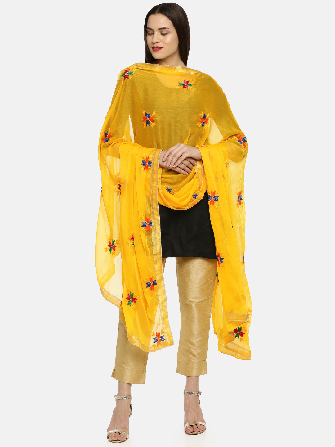 Traditional Simple Floral Butti Phulkari Dupatta - Various Colours